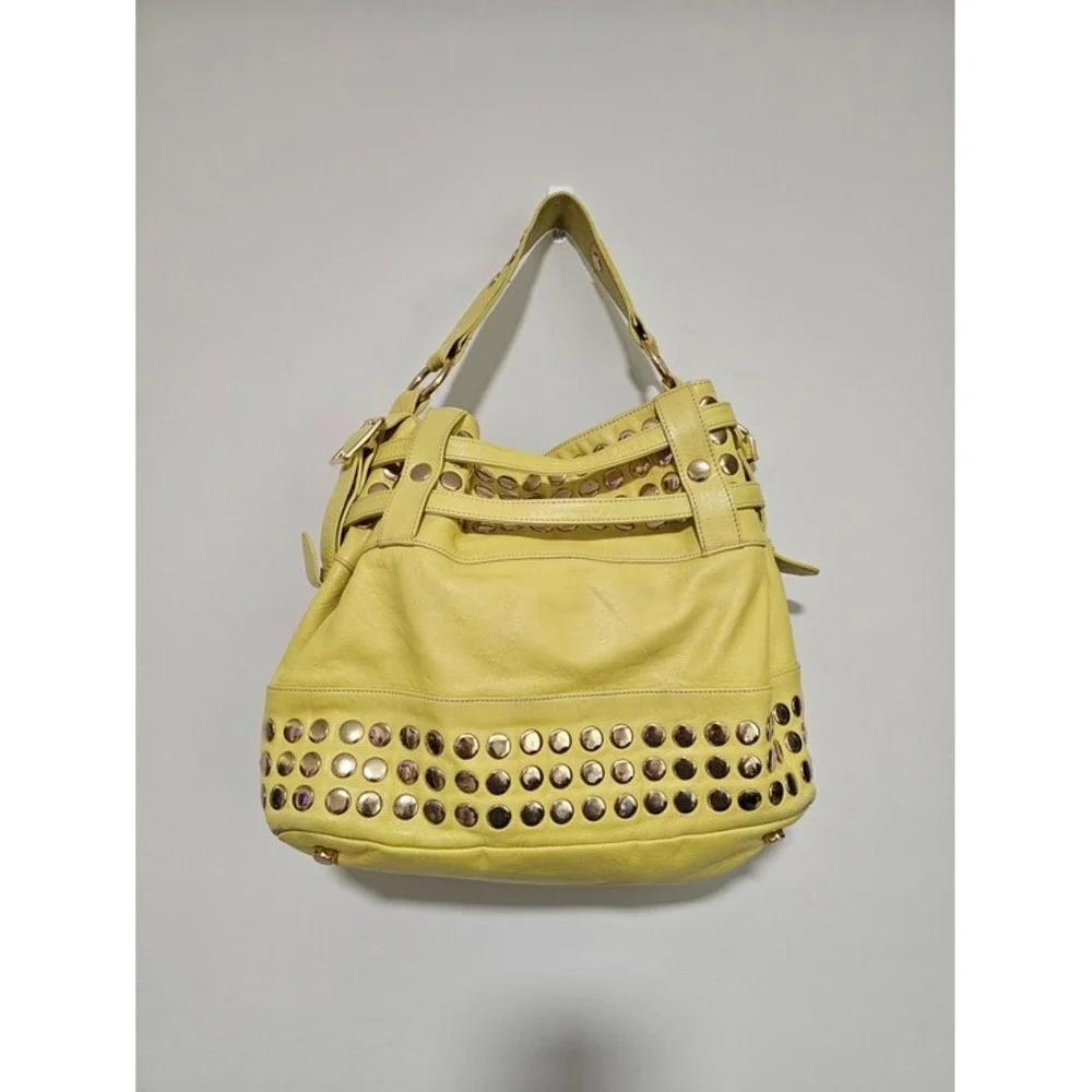 Rebecca Minkoff Devote Tote Leather Hobo Bag Yellow Studded Moto Edgy Y2K Boho ~